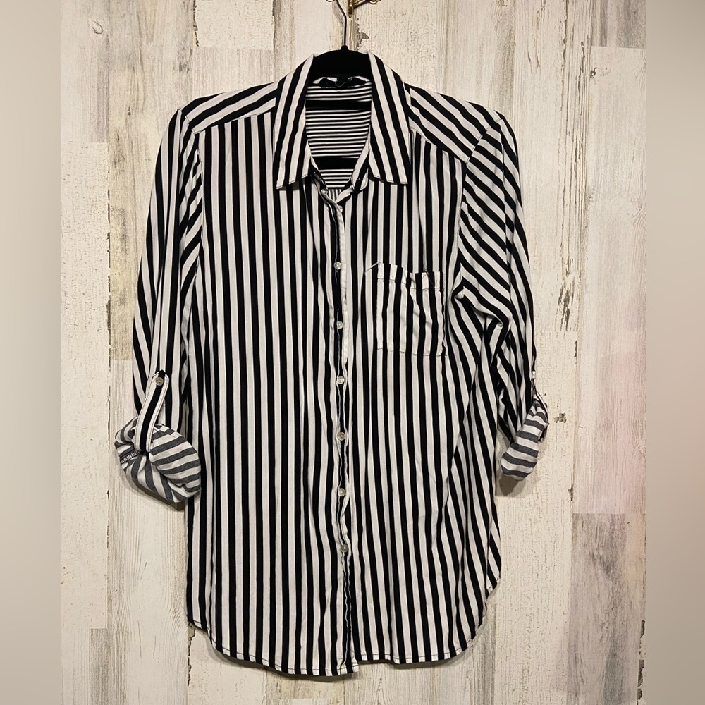 Jane And Delancey Black White Striped Button Down Blouse Large
